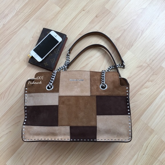 Michael Kors Astor Patchwork Suede Satchel Handbag Purse - Picture 2 of 8